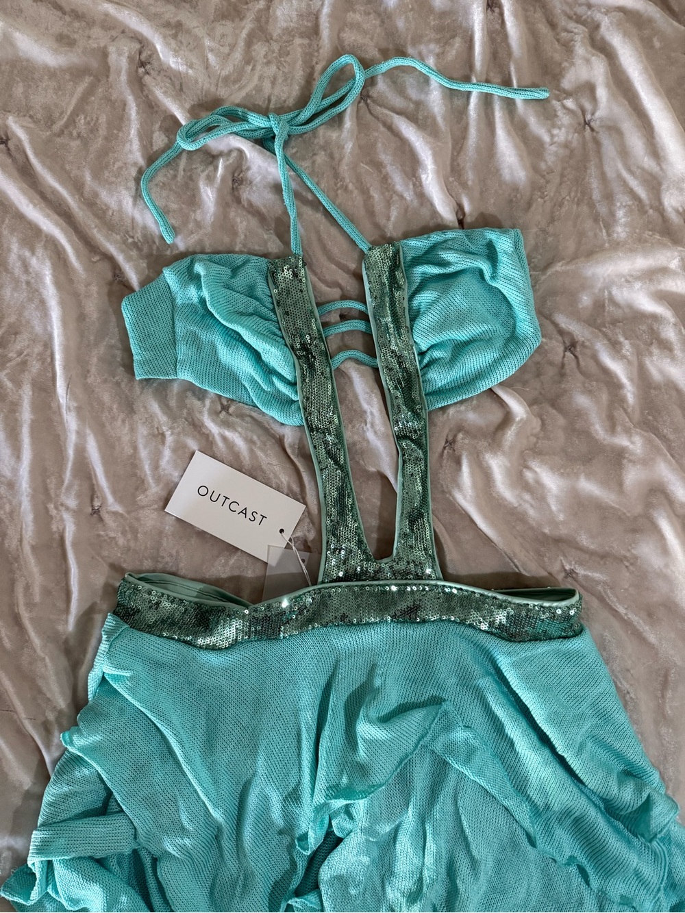 Outcast Turquoise Halter Sequin-Trim Mini Dress